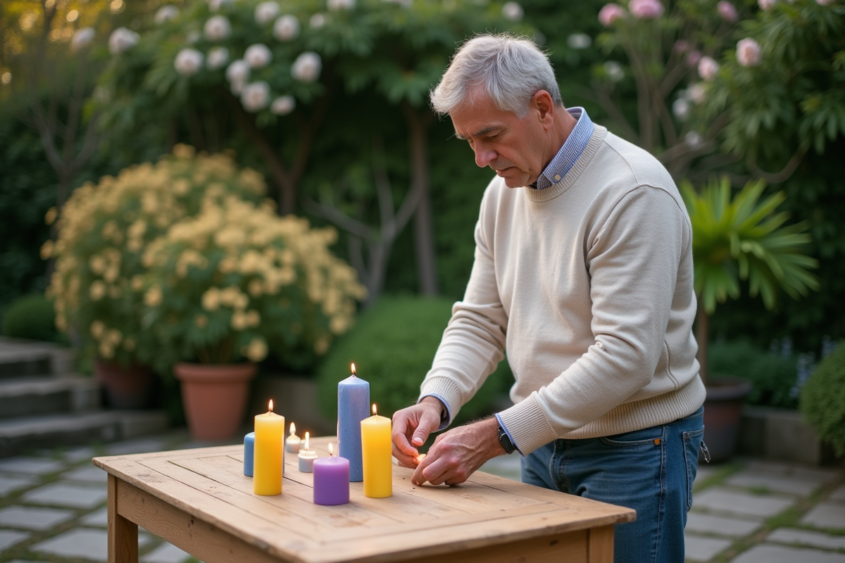 Homme arrangeant des bougies colorées dans un jardin verdoyant