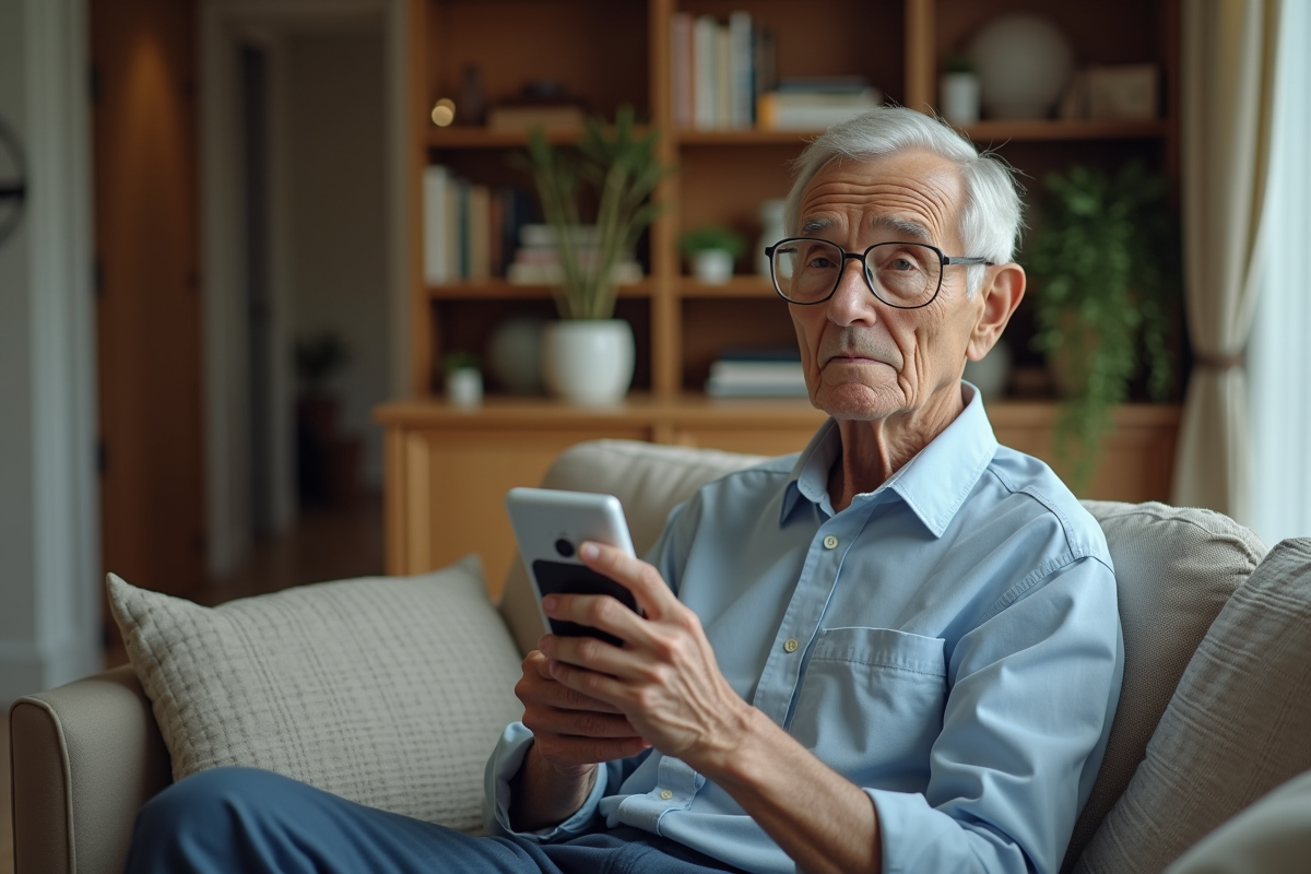 Homme age prenant un echantillon d air dans le salon