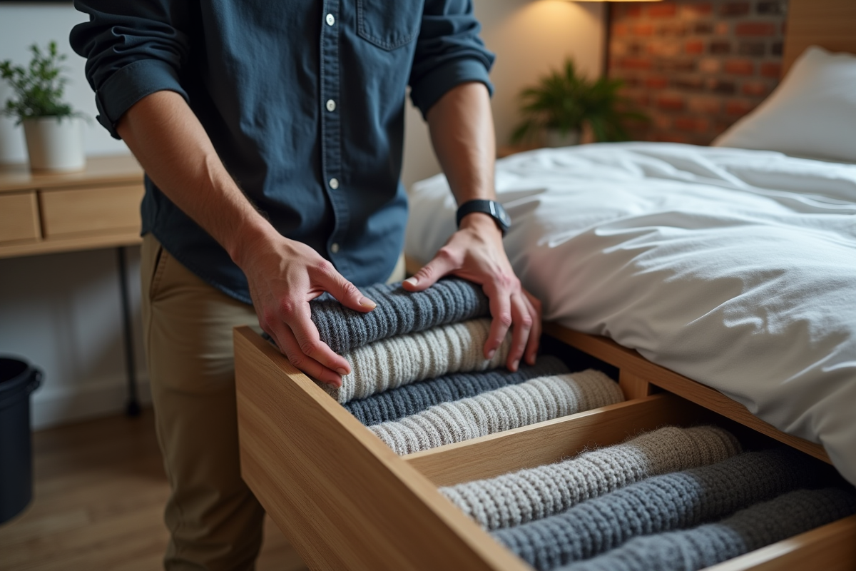 Homme pliant des pulls dans une chambre urbaine organisée