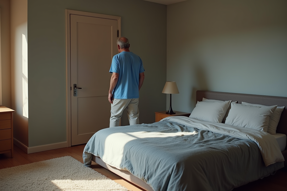 Homme réfléchissant à la disposition du lit dans la chambre