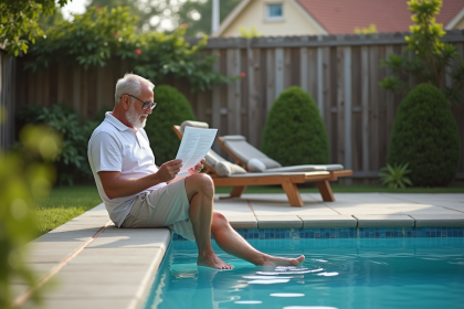 Homme d&eacute;tendu au bord de la piscine en &eacute;t&eacute;
