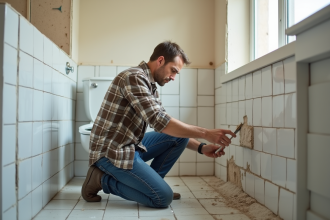 Homme rénovant une salle de bain avec des carreaux