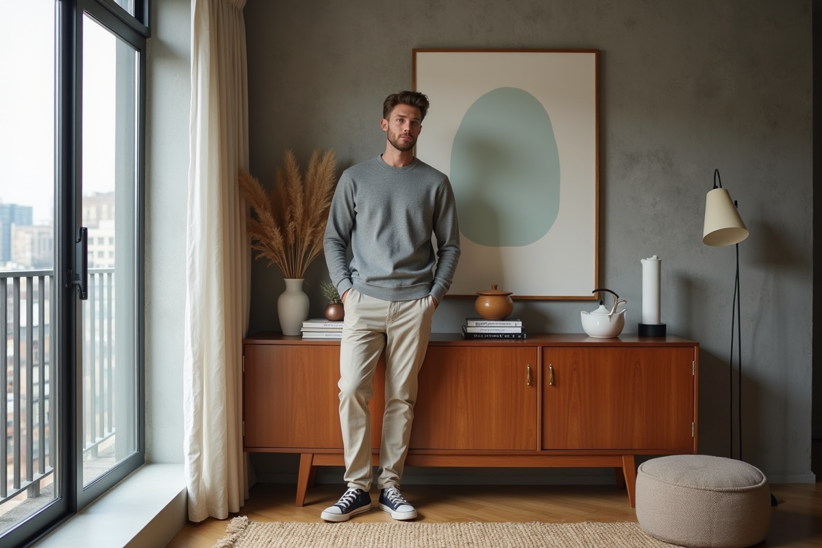 Homme arrangeant des objets decoratifs dans un appartement urbain