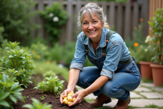 Femme souriante en jardinage tenant des peaux de patate