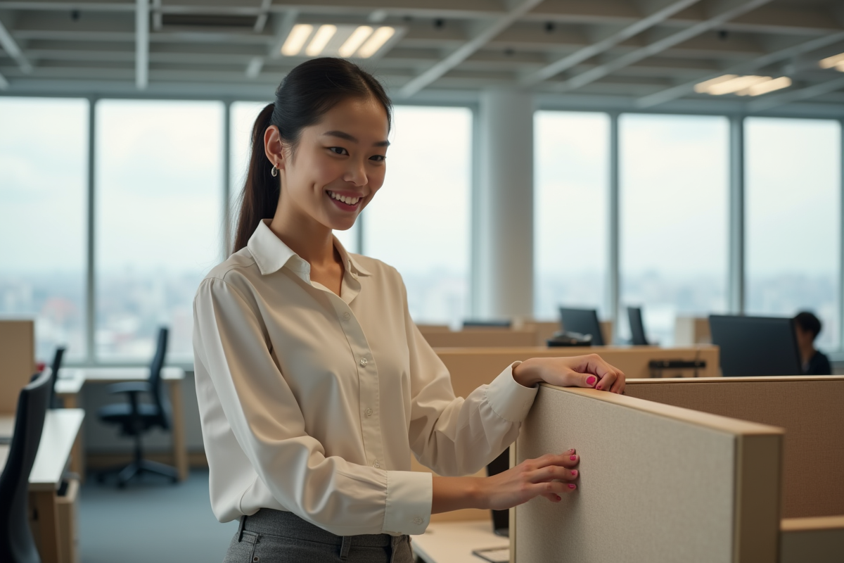 Jeune femme ajustant une cloison de bureau dans un espace moderne
