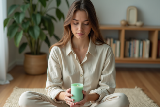 Jeune femme en lin tenant une bougie verte dans un intérieur calme