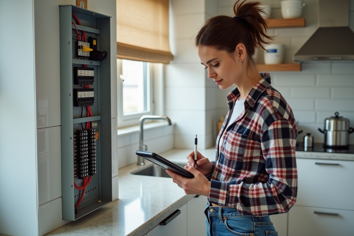 Jeune femme en jeans prend des notes près d’un tableau électrique moderne