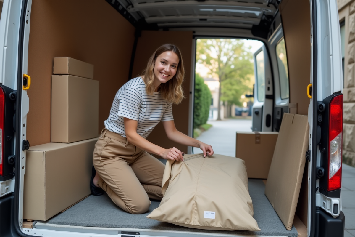Jeune femme sécurisant une toile dans un camion de déménagement