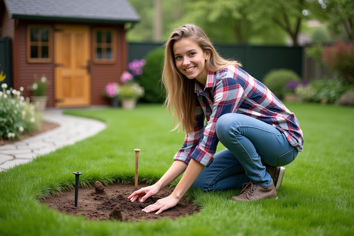 Jeune femme en jeans examinant le sol dans le jardin