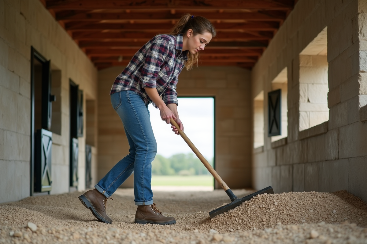 Jeune femme nivelant du gravier dans une grange moderne