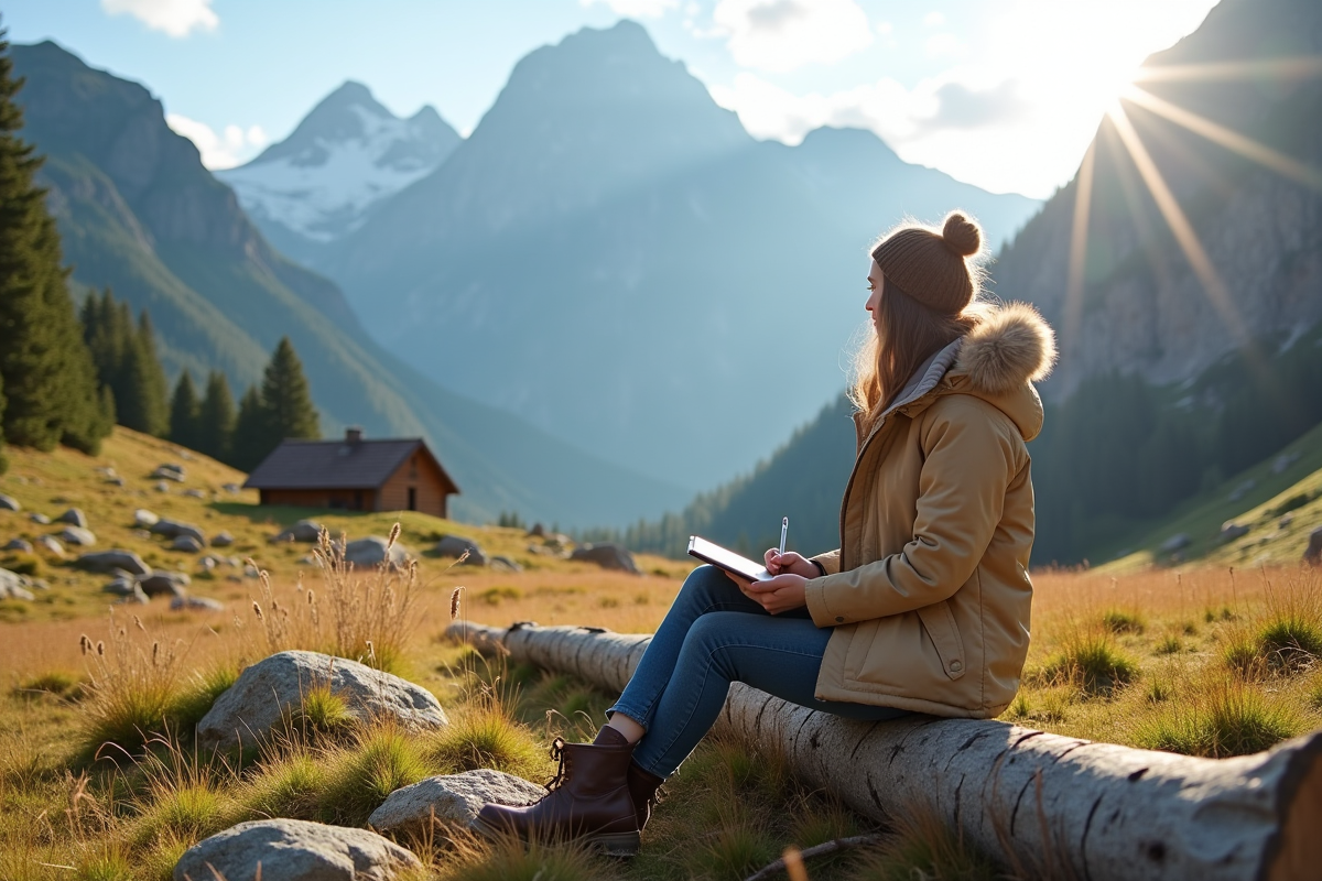 Jeune femme dessinant dans un pré de montagne