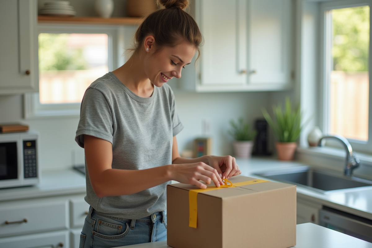 Jeune femme organisant des cartons dans la cuisine