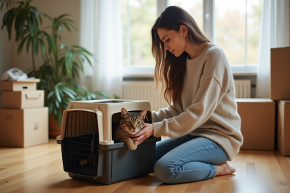 Jeune femme s&eacute;curise un chat dans une cage de transport