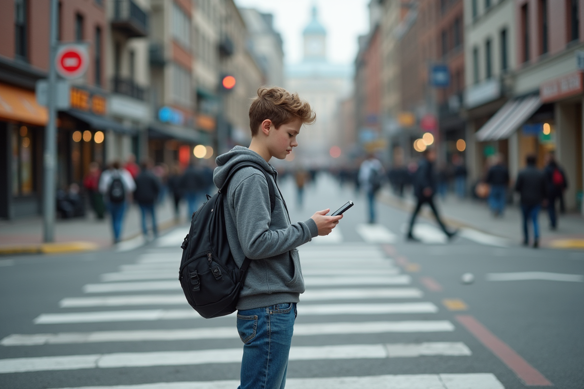 Jeune garçon étudiant à un passage piéton urbain