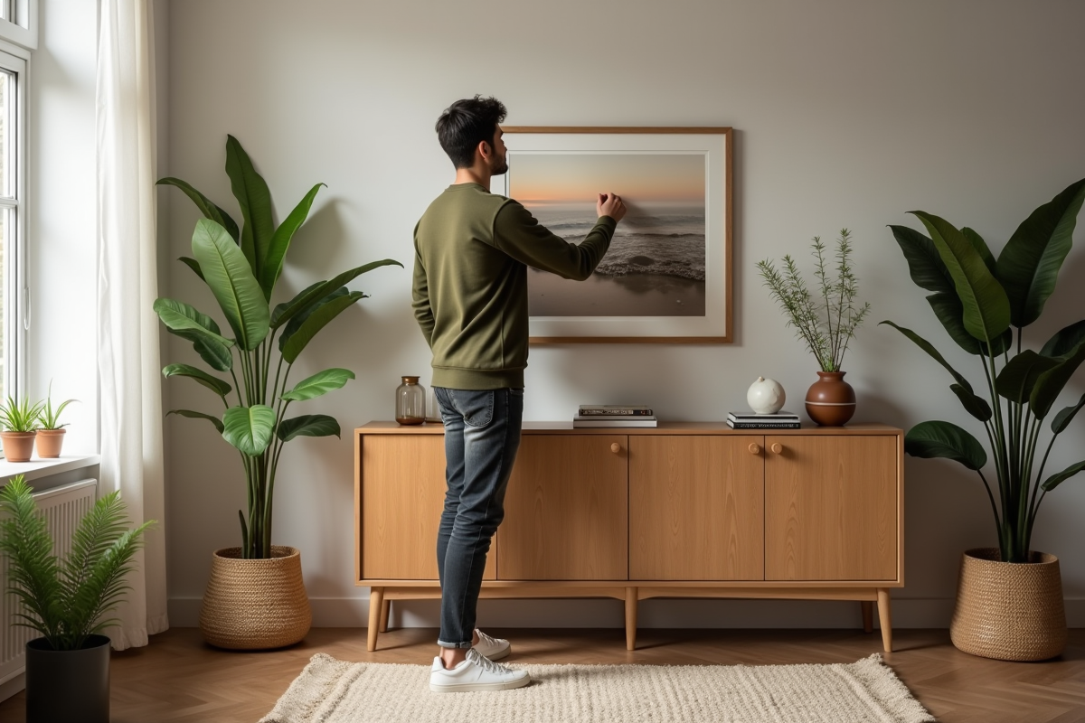 Jeune homme posant un tableau dans un salon chaleureux