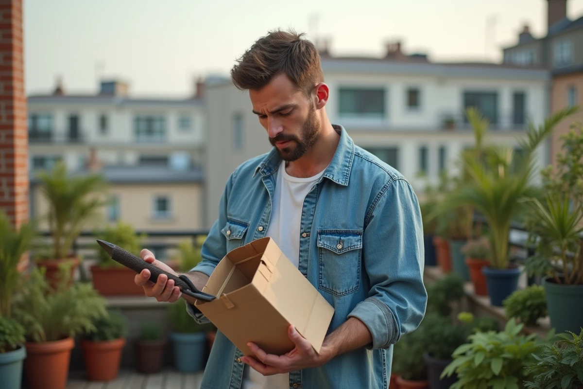 Jeune homme examinant fertilisant sur balcon urbain