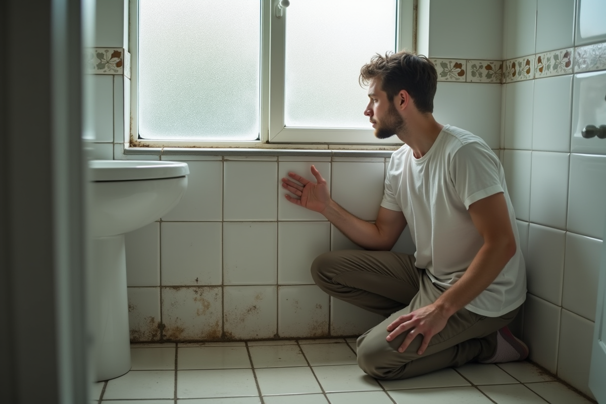 Jeune homme inspectant la moisissure dans une salle de bain