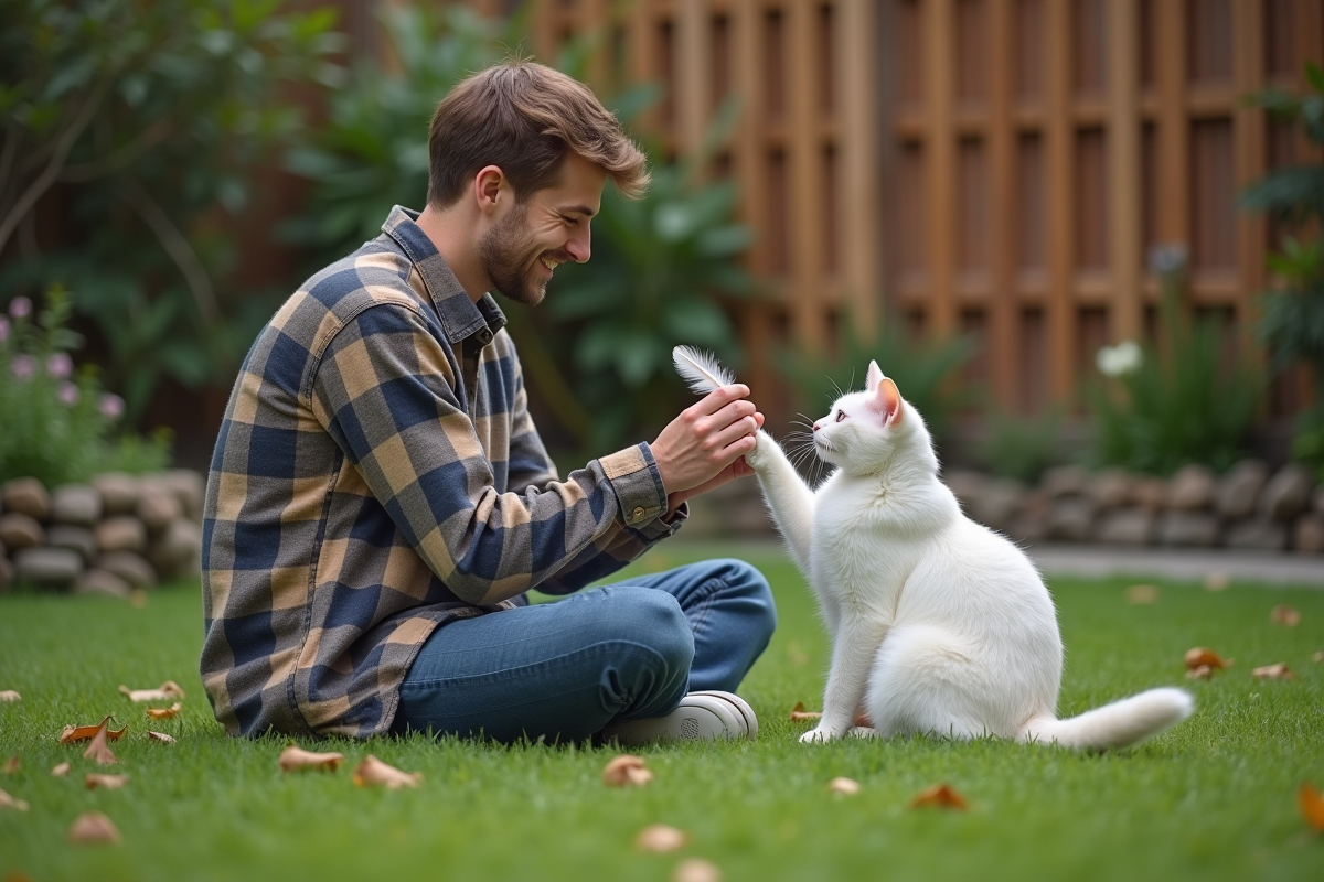 Jeune homme jouant avec un chat blanc dans un jardin