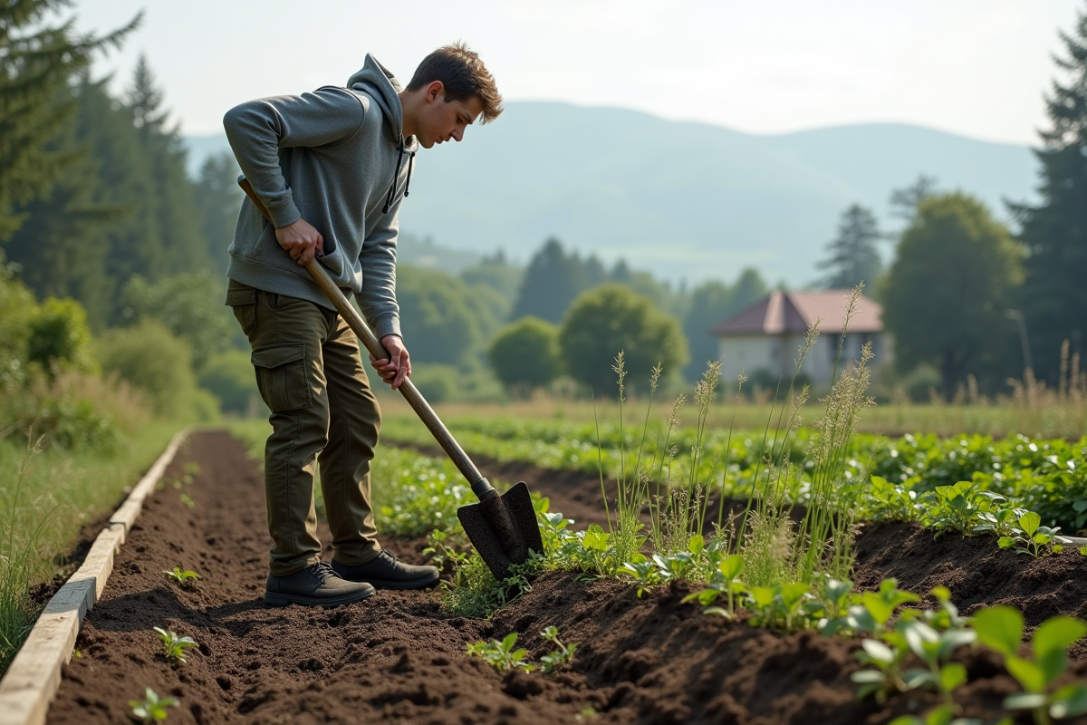 Jeune homme utilise une houe pour enlever des horsetail dans un potager