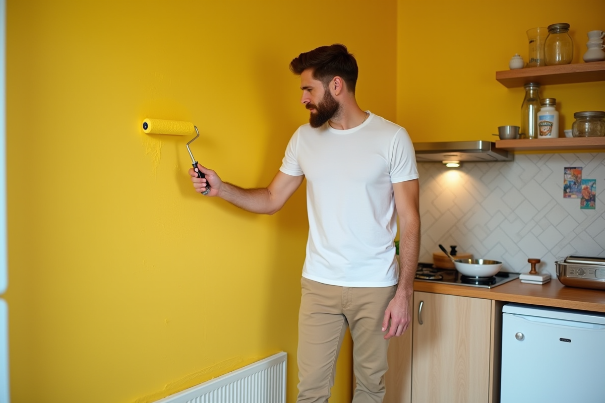 Jeune homme peignant un mur jaune dans une cuisine urbaine