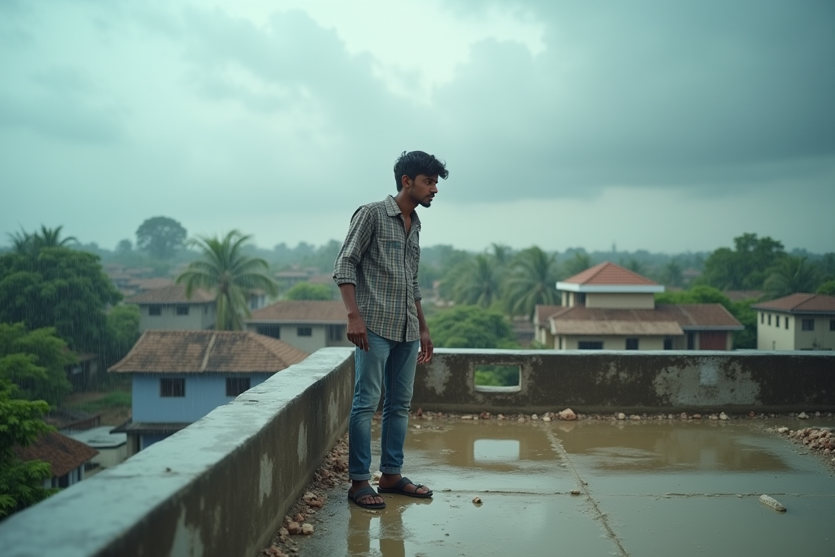 Jeune homme indien réparant le toit sous la pluie