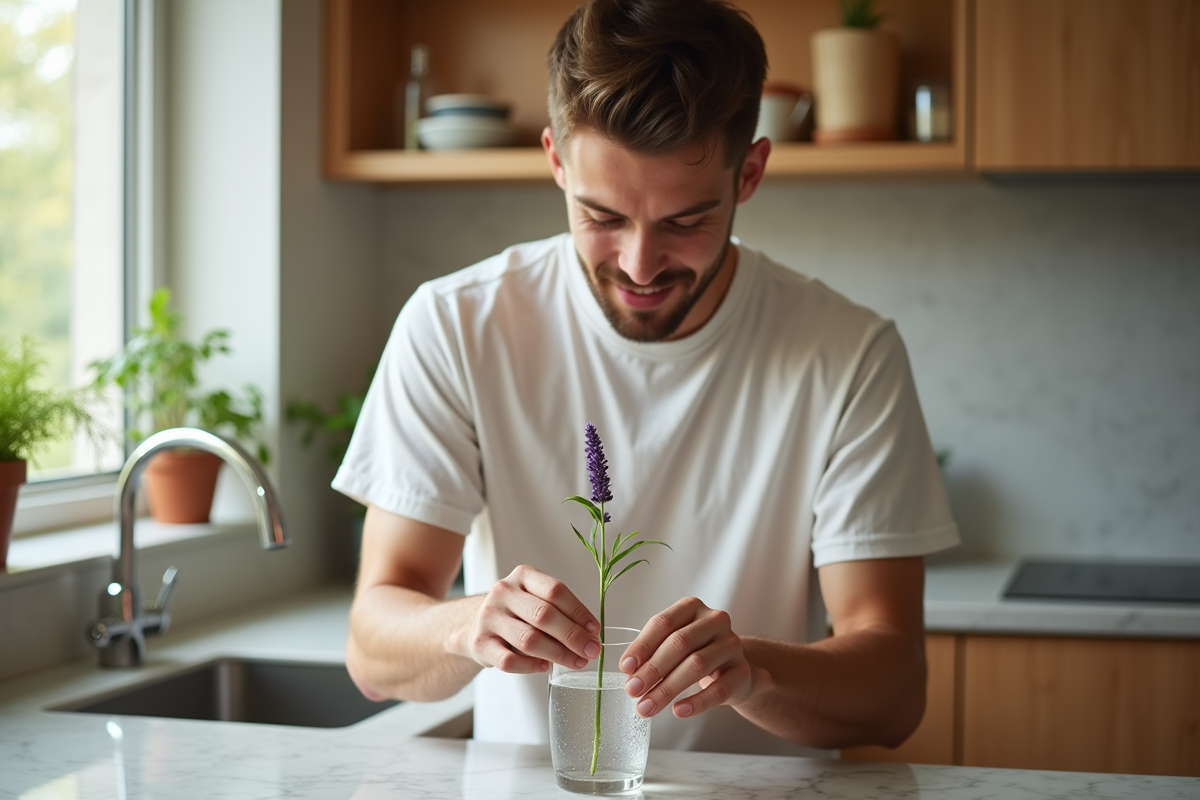Jeune homme immergeant une tige de lavande dans un verre d