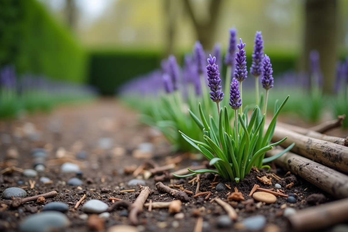 Jeunes pousses de lavande en début de printemps