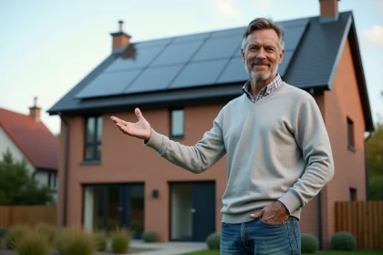 Homme debout près d'une maison moderne avec panneaux solaires