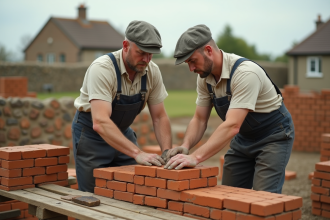Deux maçons des années 1920 posant des briques rouges sur un échafaudage