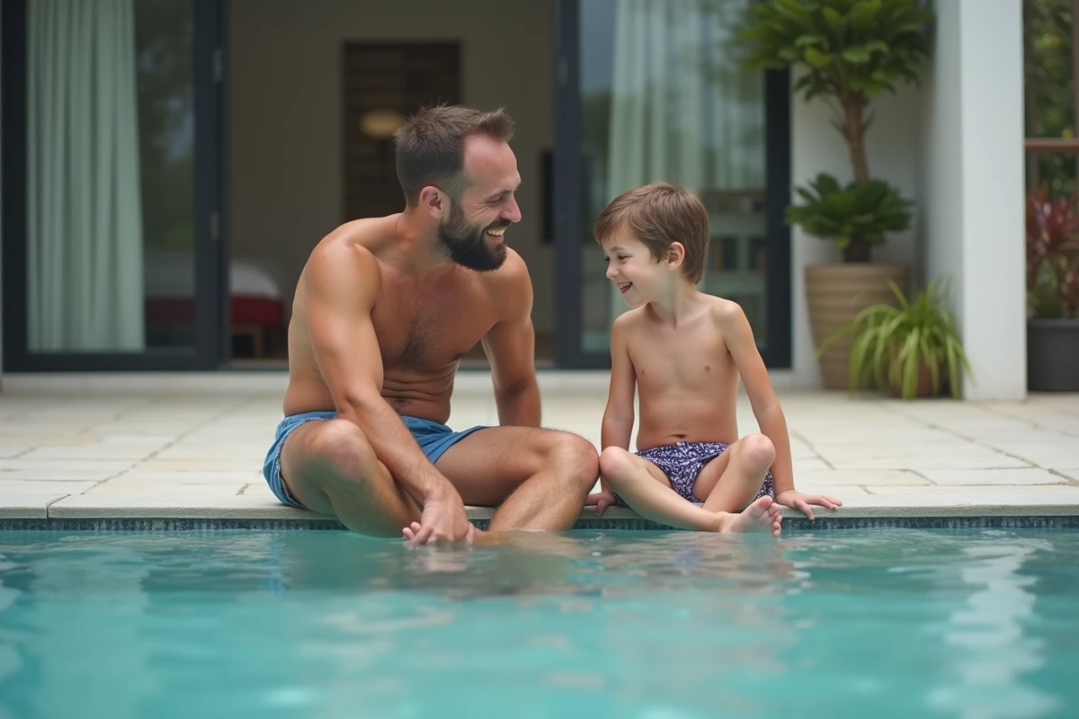 Père et fils jouent dans une petite piscine moderne en famille