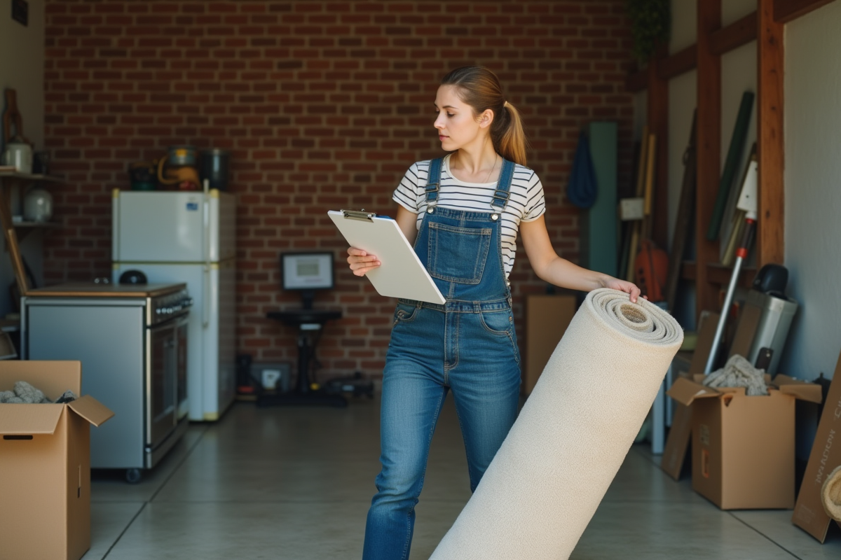 Jeune femme en overalls organisant des appareils dans un garage